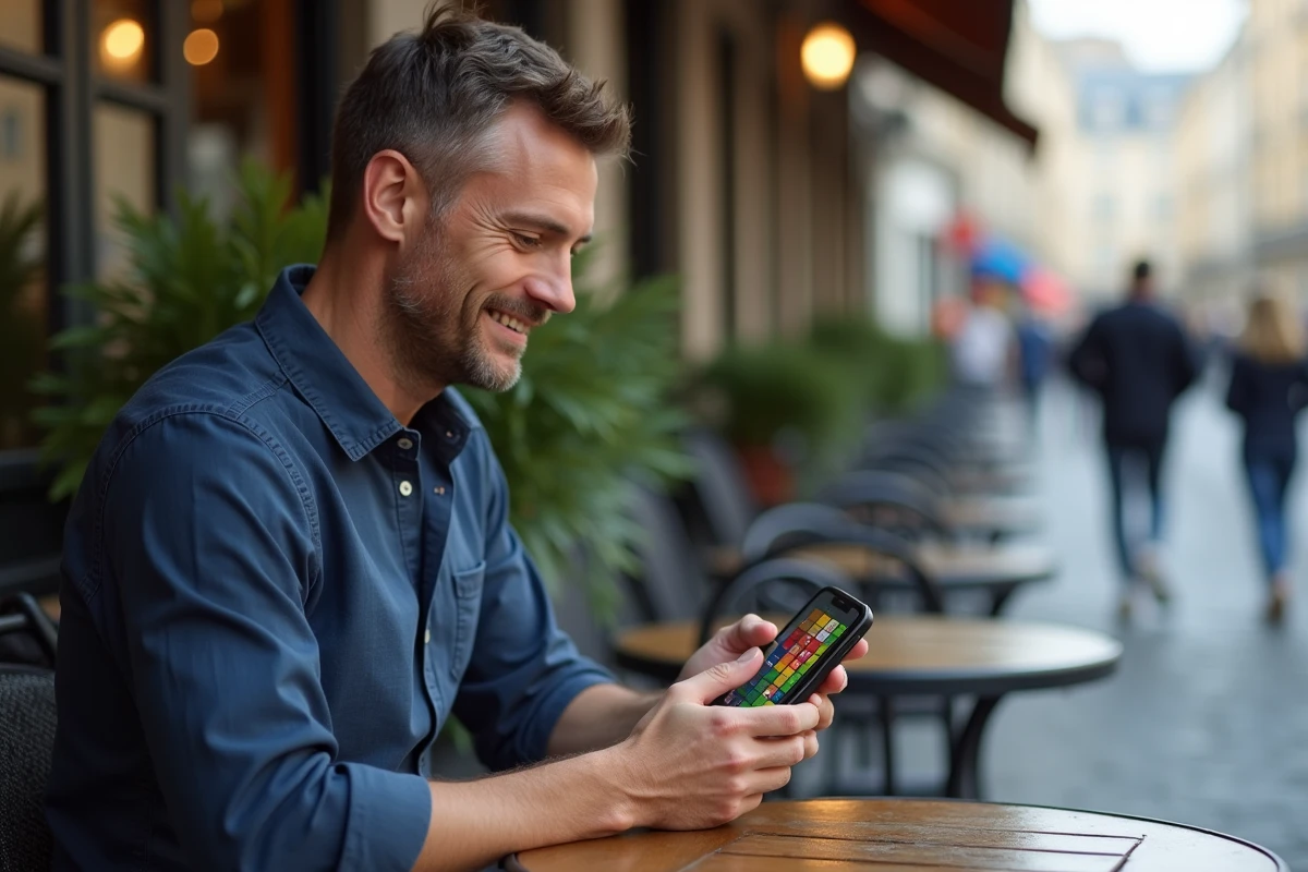 Homme consultant un jeu de couleurs Pédantix sur son smartphone dans un café parisien