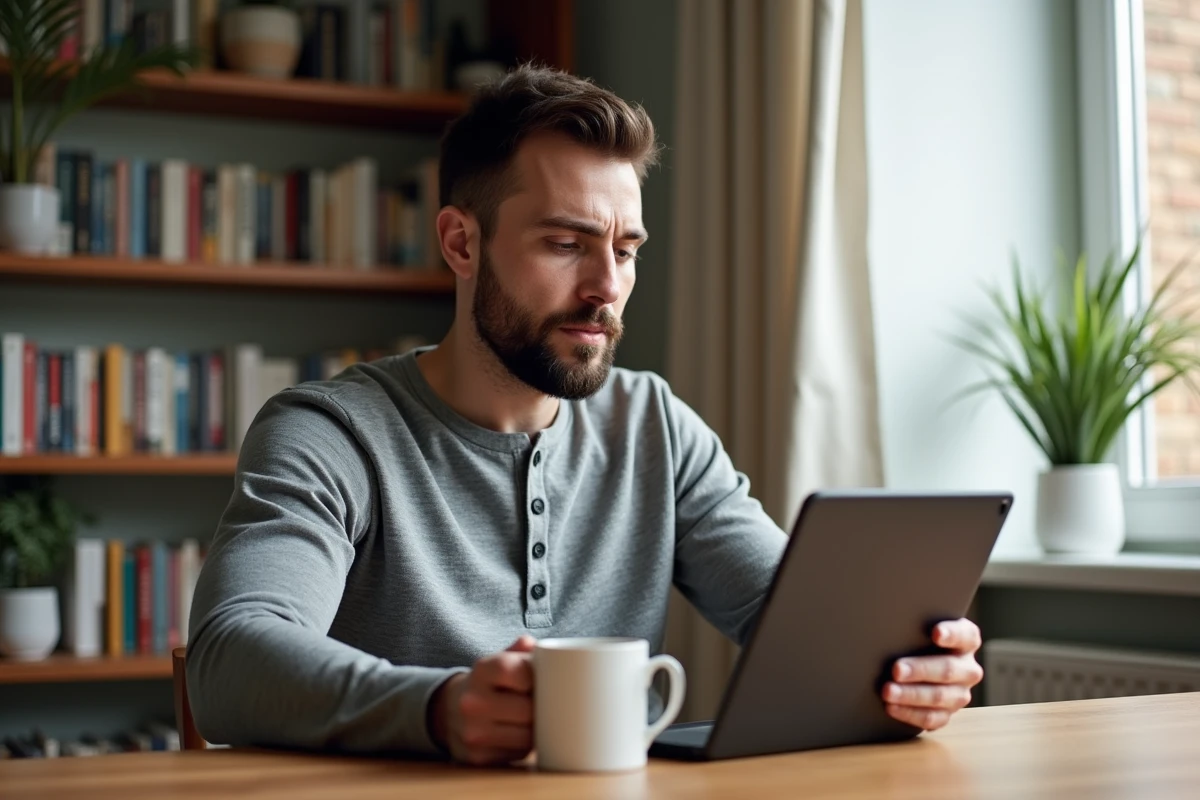 Homme adulte lisant du contenu Tarenoi sur une tablette dans un bureau à domicile chaleureux et minimaliste
