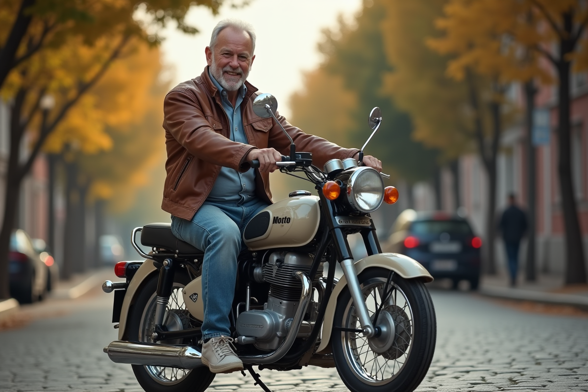 Homme d'âge moyen sur une moto Chappy vintage en ville