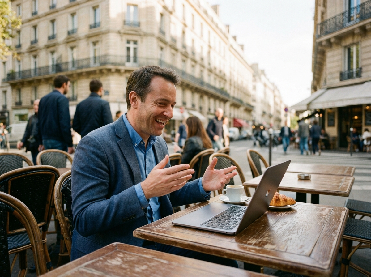 Homme en visioconference dans un café parisien animé