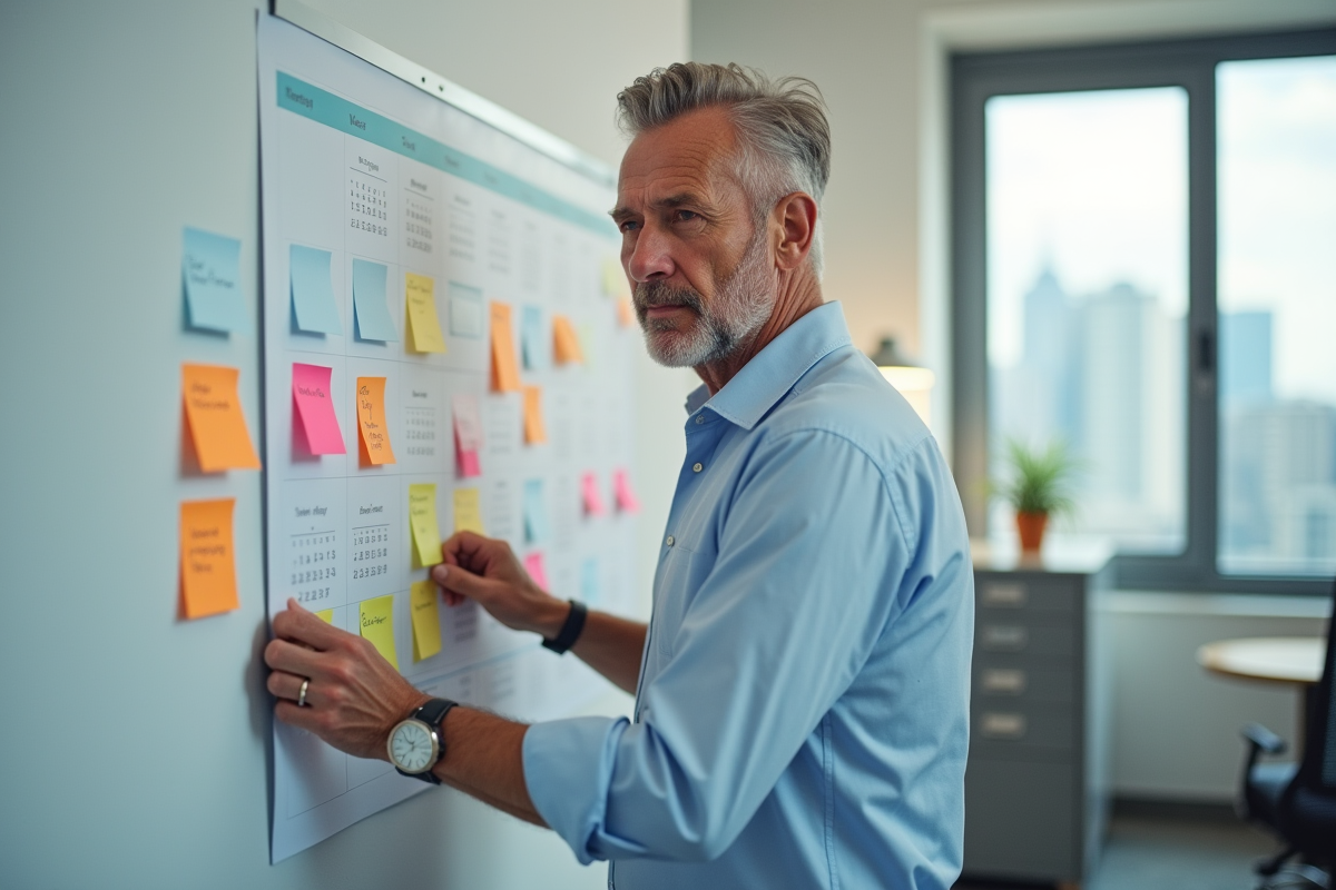 Homme planifiant avec notes et calendrier en bureau moderne