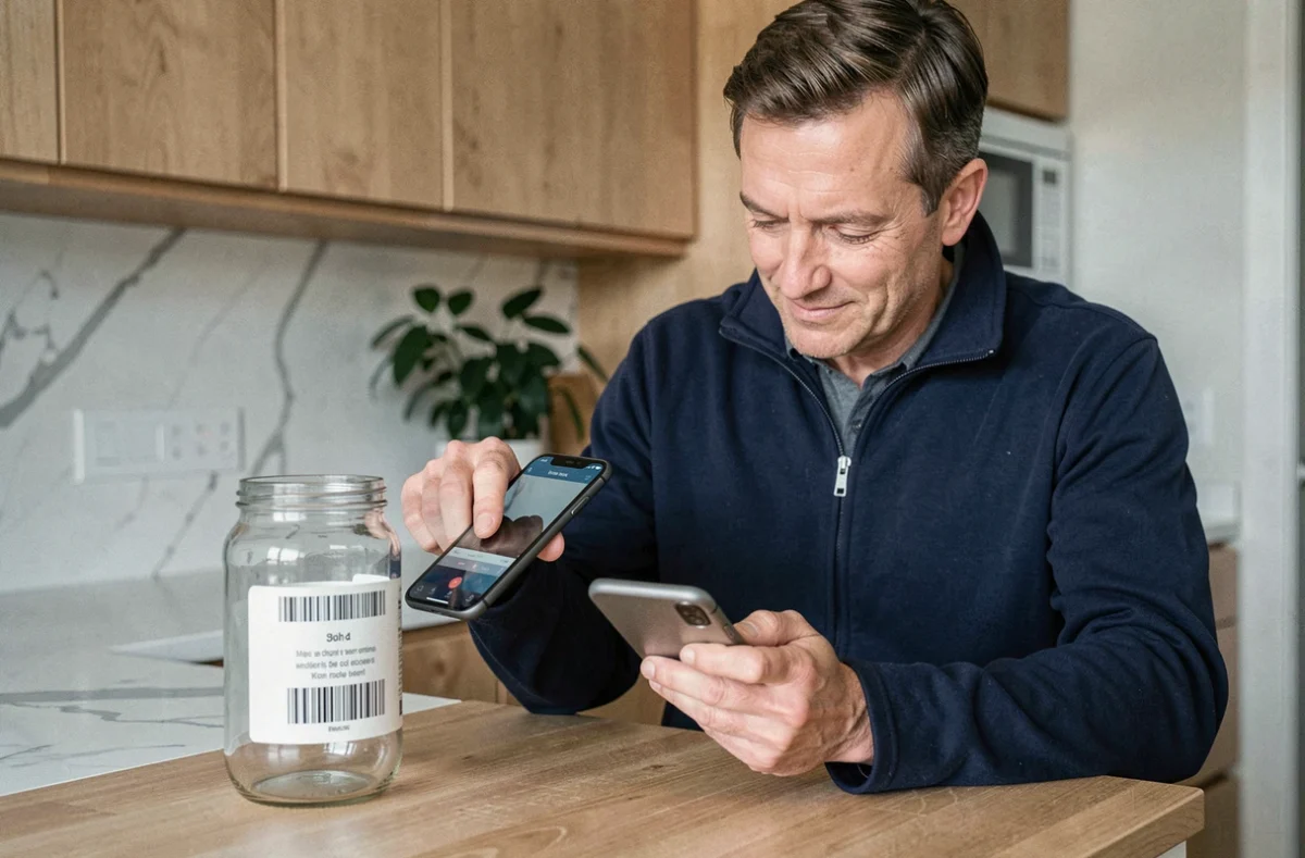 Homme scannant un code à barres avec son smartphone dans une cuisine pour identifier le pays d'origine d'un produit alimentaire
