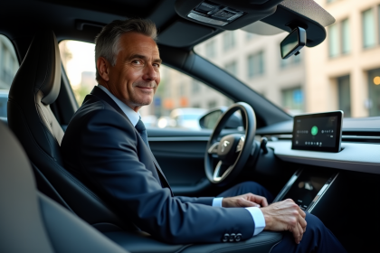Homme d'âge moyen en costume dans une voiture autonome moderne