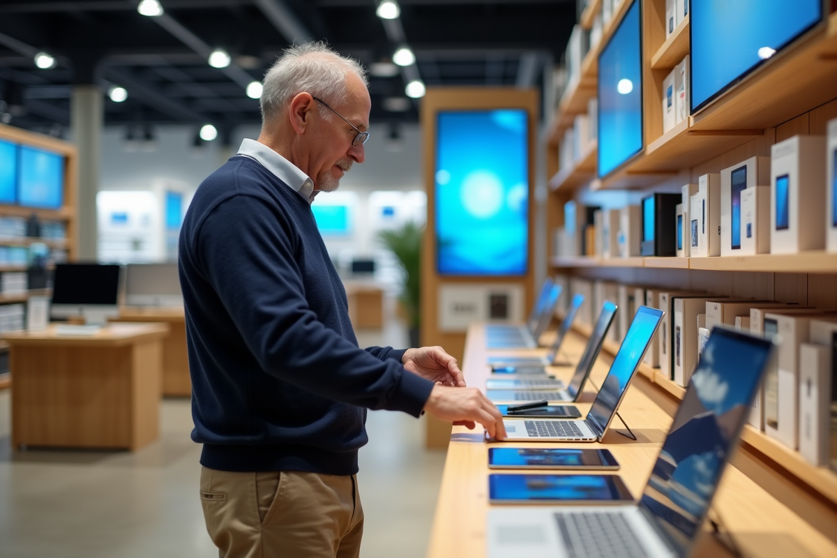 Homme examine des tablettes dans un magasin d