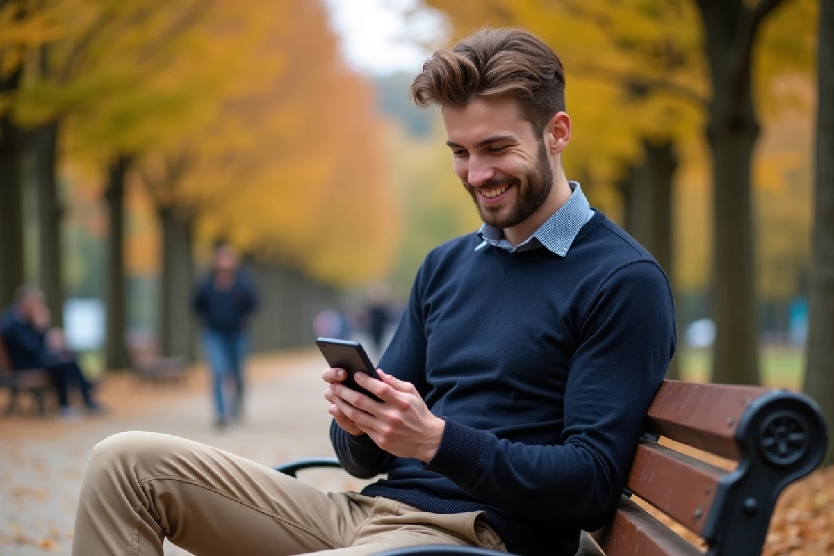 Homme transgenre utilisant une application de rencontre sérieuse sur son téléphone dans un parc français en automne