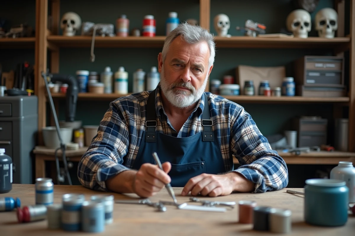 Homme en atelier triant des pots de peinture airbrush avec outils et modèles