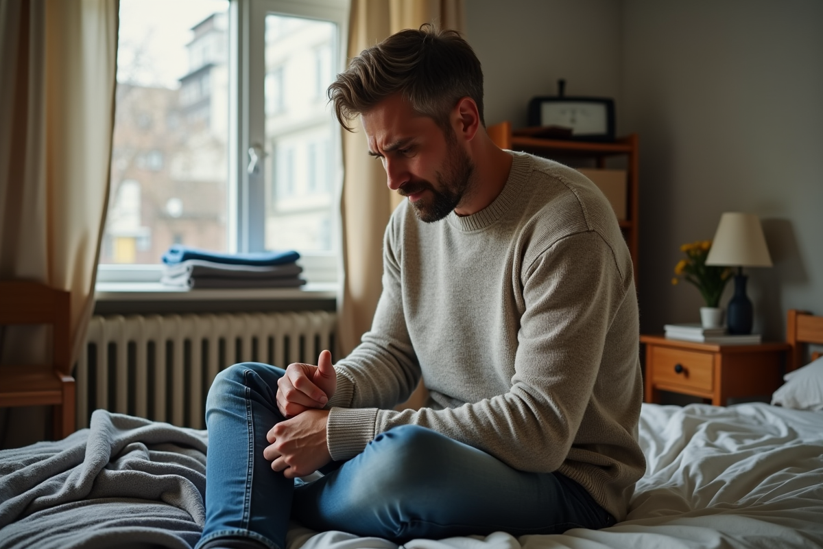 Homme inspectant son pull en laine acheté d