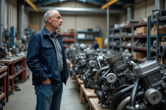 Homme d'âge moyen examine des moteurs de voitures d'occasion dans un garage