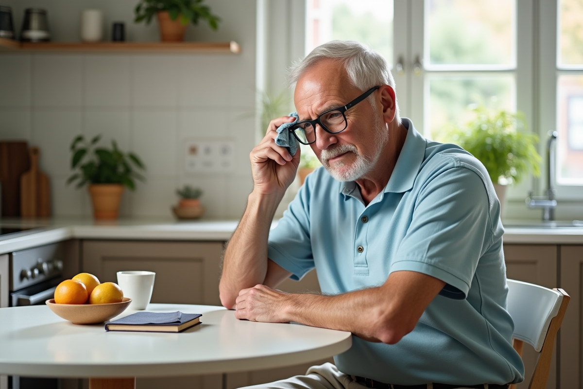 Homme âgé nettoie ses lunettes dans une cuisine moderne