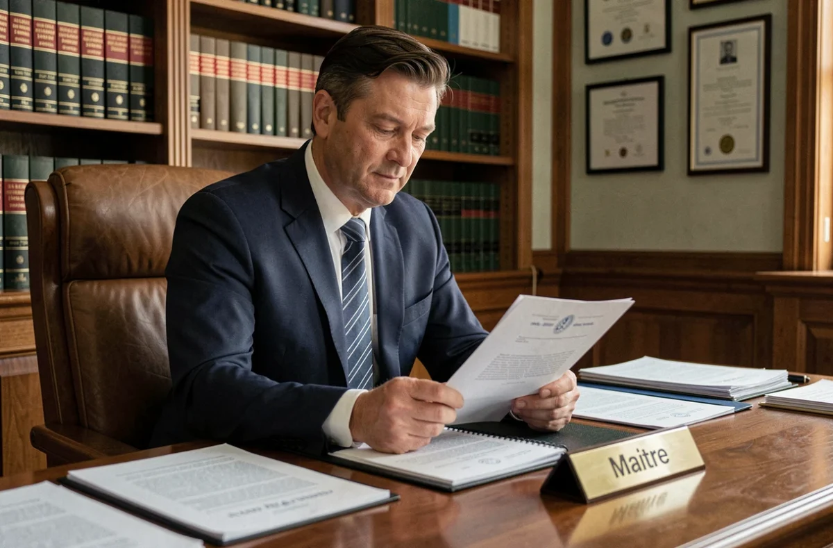 Huissier de justice assis à son bureau avec des documents officiels et un nameplate indiquant Maître