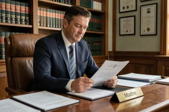 Huissier de justice assis à son bureau avec des documents officiels et un nameplate indiquant Maître