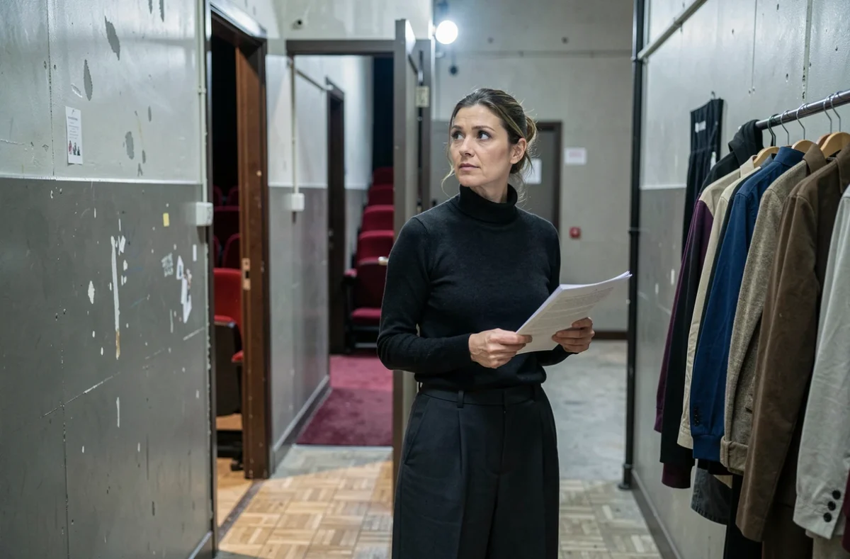 Humoriste française dans les coulisses d'un théâtre, regard concentré vers la scène, atmosphère introspective