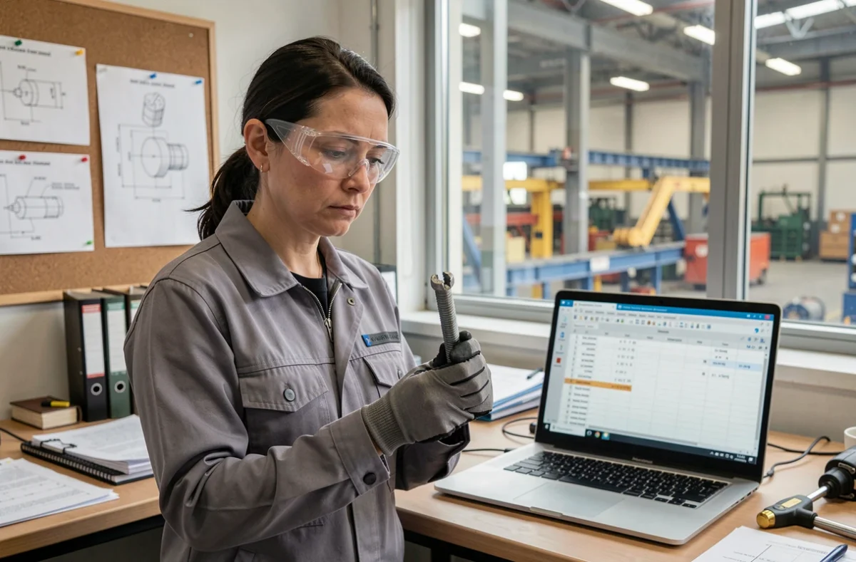 Ingénieure mécanique inspectant un boulon cisaillé dans un bureau technique industriel avec un tableau de calcul de couple visible en arrière-plan