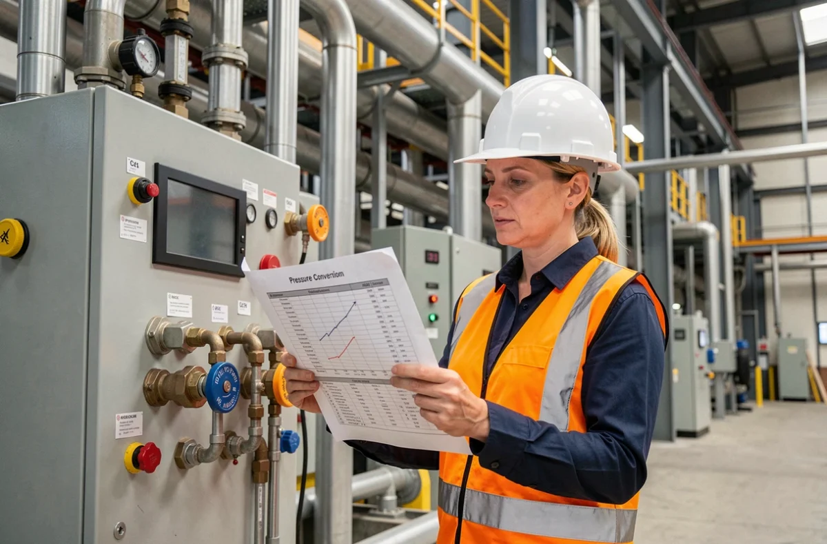Ingénieure industrielle consultant un tableau de conversion de pression pneumatique PSI vers bar dans une usine