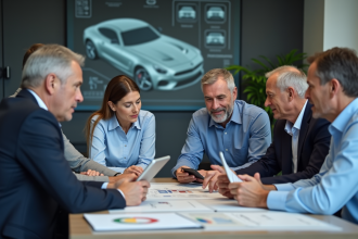 Groupe d'ingénieurs automobiles en réunion