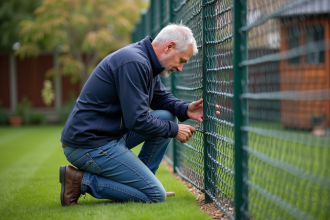 Homme inspectant une clôture de jardin en extérieur