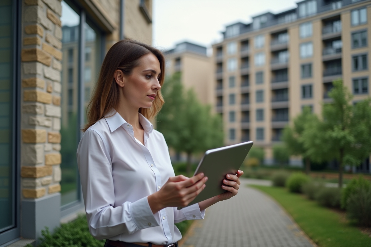 Inspectrice examine façade d un immeuble rénové