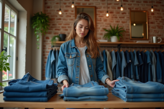 Jeune femme inspectant un jean dans une boutique vintage