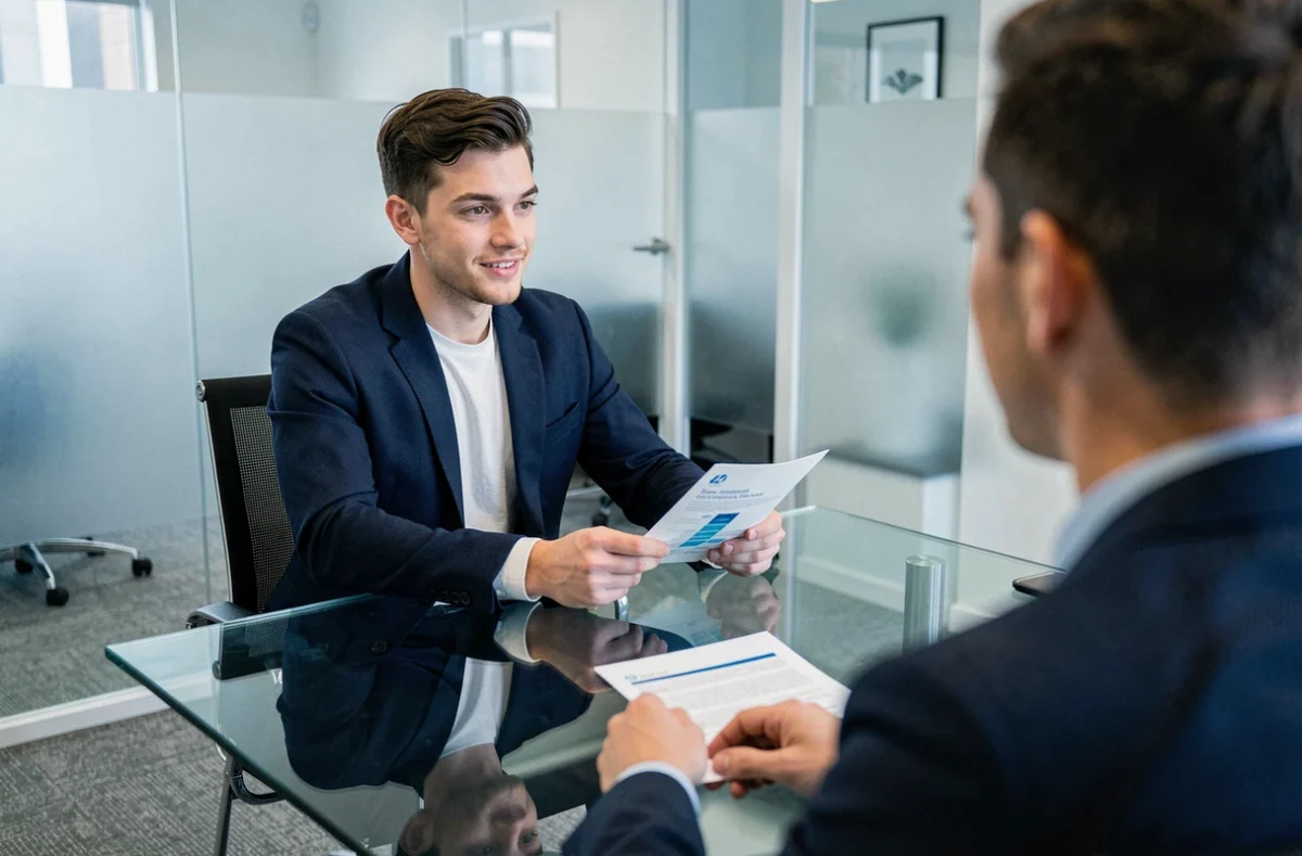 Jeune actif en réunion avec un conseiller mutuelle dans une agence d'assurance moderne
