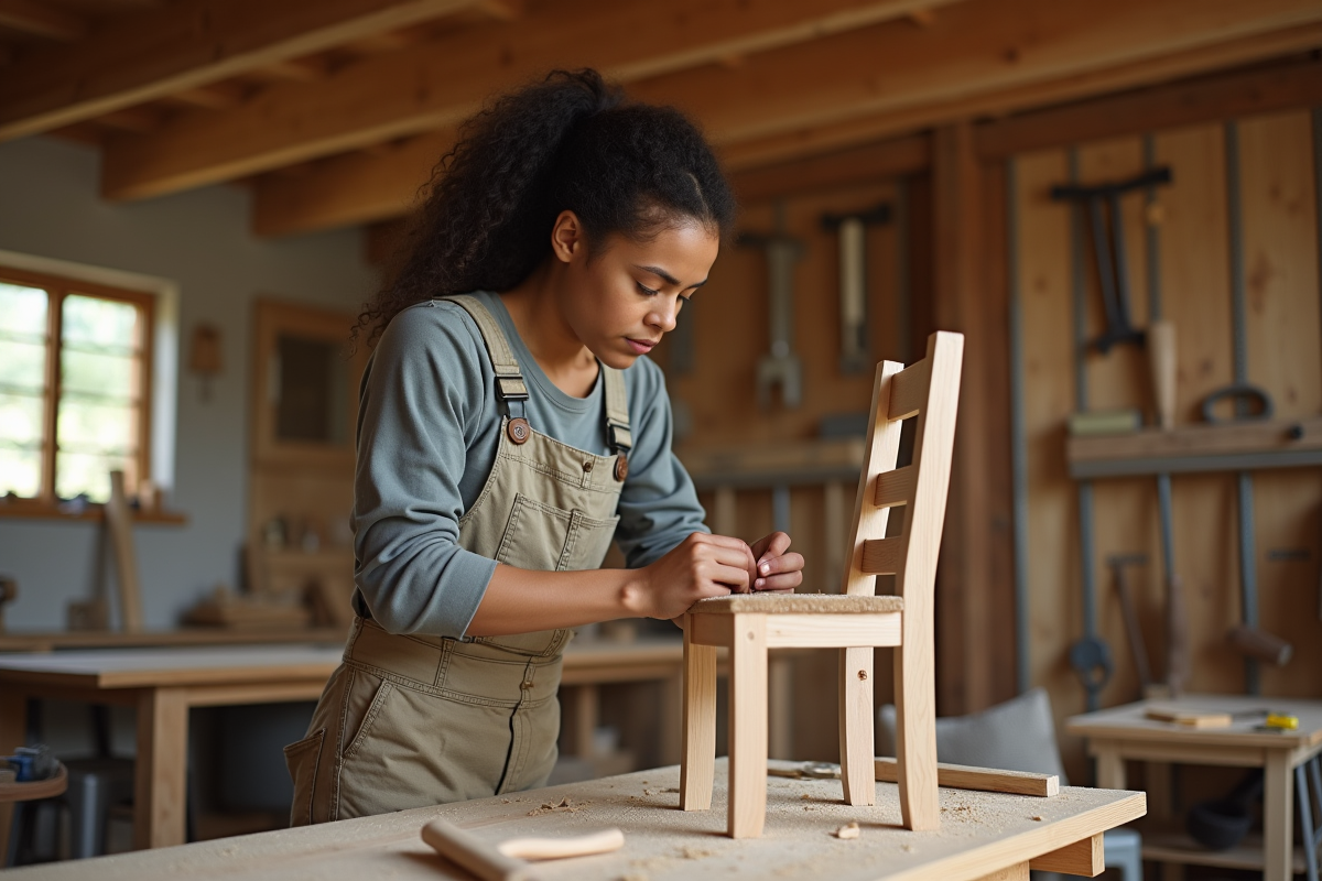 Jeune femme assemblant une chaise en bois dans l