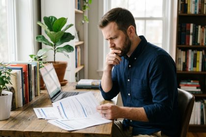 Jeune entrepreneur concentré à son bureau lumineux