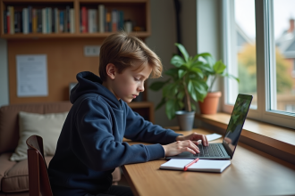 Jeune garçon concentré sur son ordinateur dans un bureau moderne
