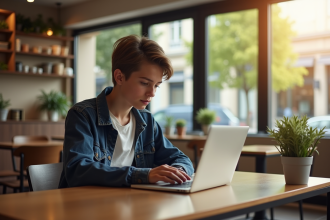 Jeune étudiant dans un café lumineux à Montpellier utilisant un ordinateur portable