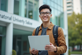 Étudiant confiant avec sac à dos et ordinateur devant université
