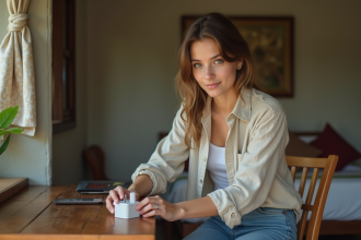 Jeune femme examine un adaptateur universel dans une chambre balinaise