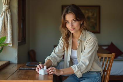 Jeune femme examine un adaptateur universel dans une chambre balinaise