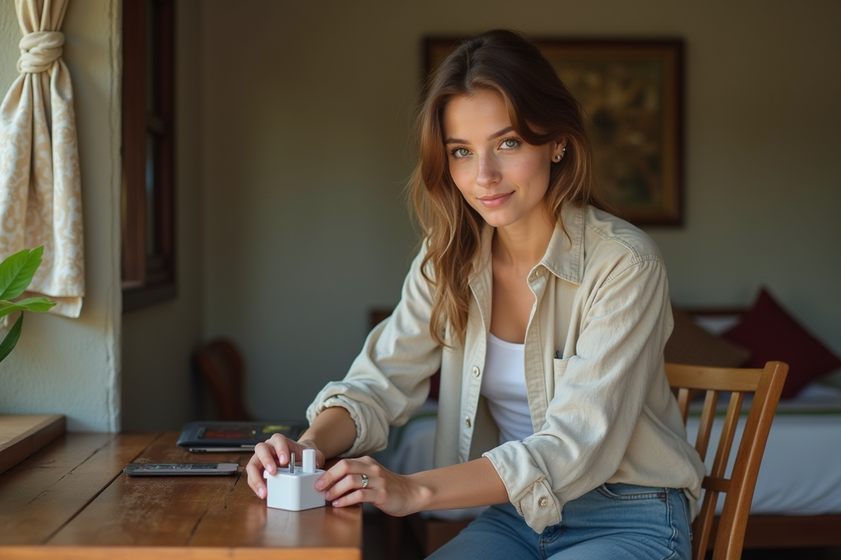 Jeune femme examine un adaptateur universel dans une chambre balinaise