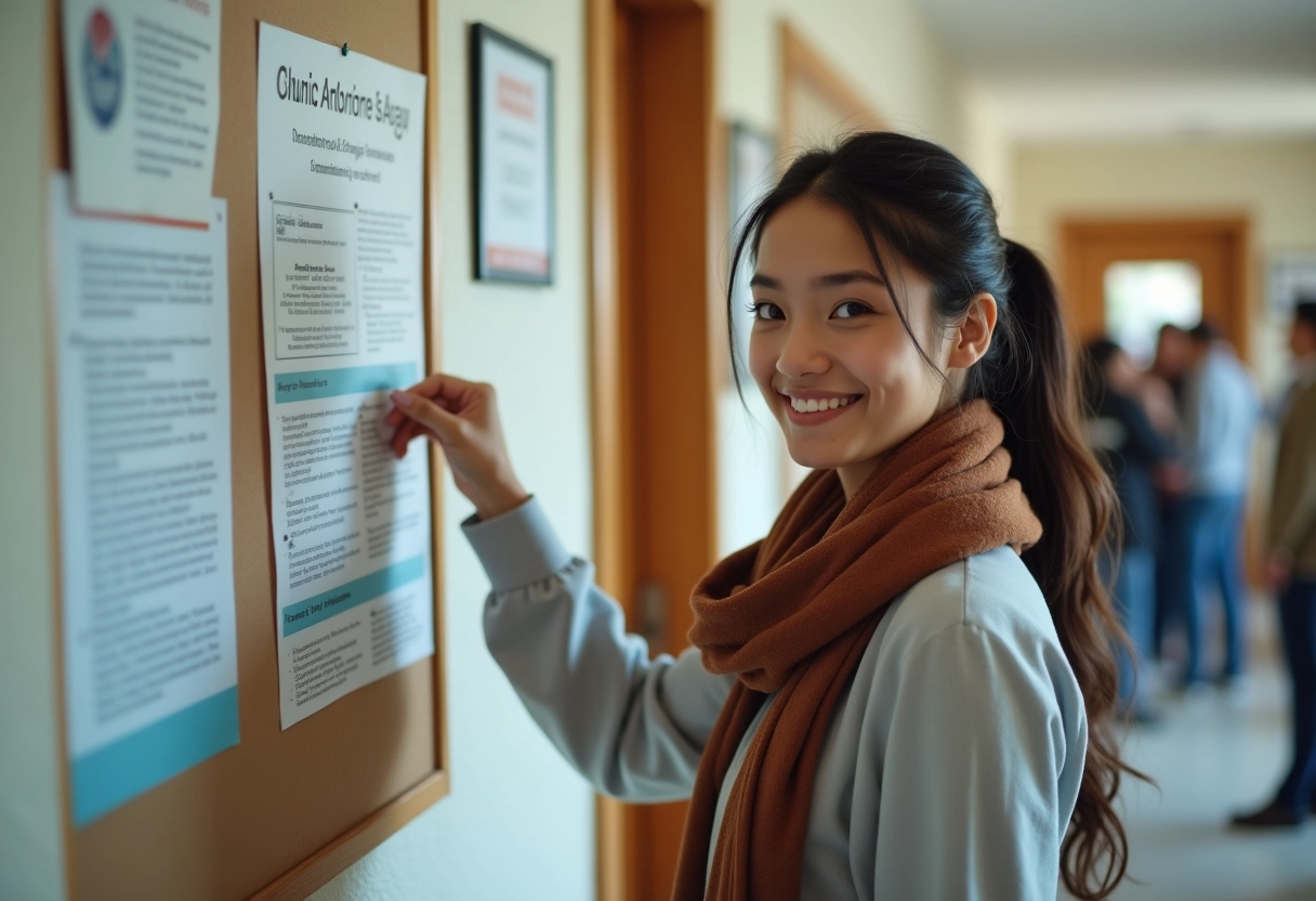 Jeune femme épinglant une affiche dans un centre communautaire
