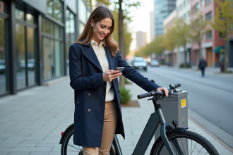Jeune femme avec vélo électrique dans une station urbaine