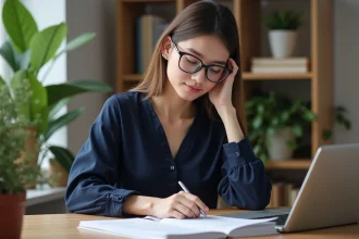 Jeune femme bilingue à son bureau studieux avec dictionnaire