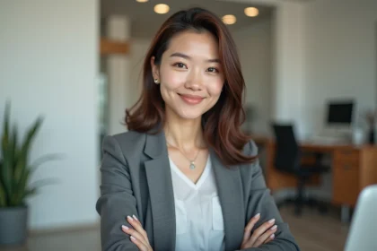 Jeune femme souriante en bureau moderne pour profil professionnel