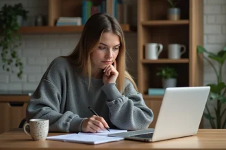 Jeune femme concentrée travaillant sur son ordinateur dans une cuisine moderne