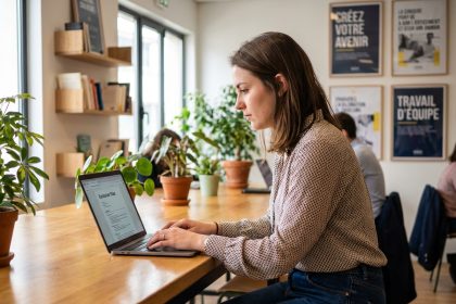 Jeune femme tapant un CV sur un ordinateur dans un espace coworking à Rennes