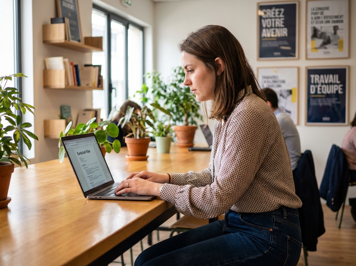 Jeune femme tapant un CV sur un ordinateur dans un espace coworking à Rennes
