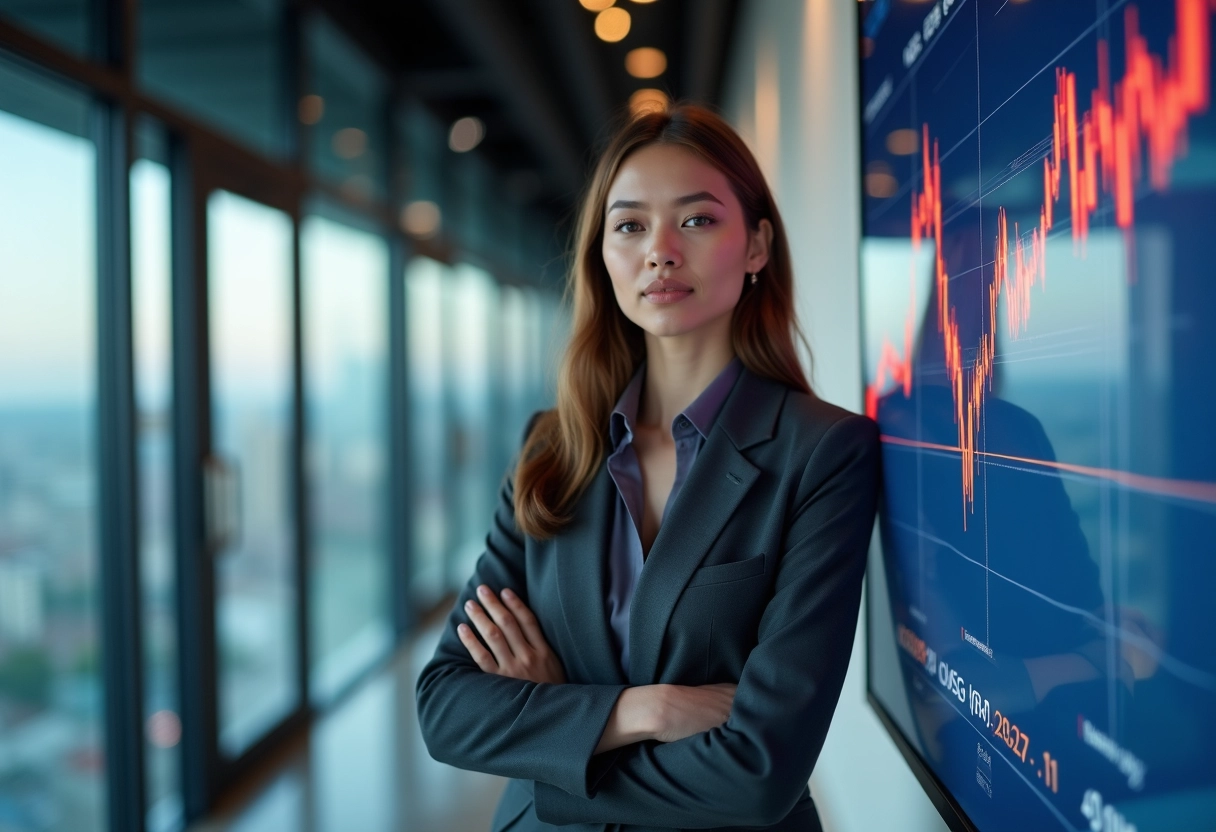 Jeune femme professionnelle devant un écran de portefeuille