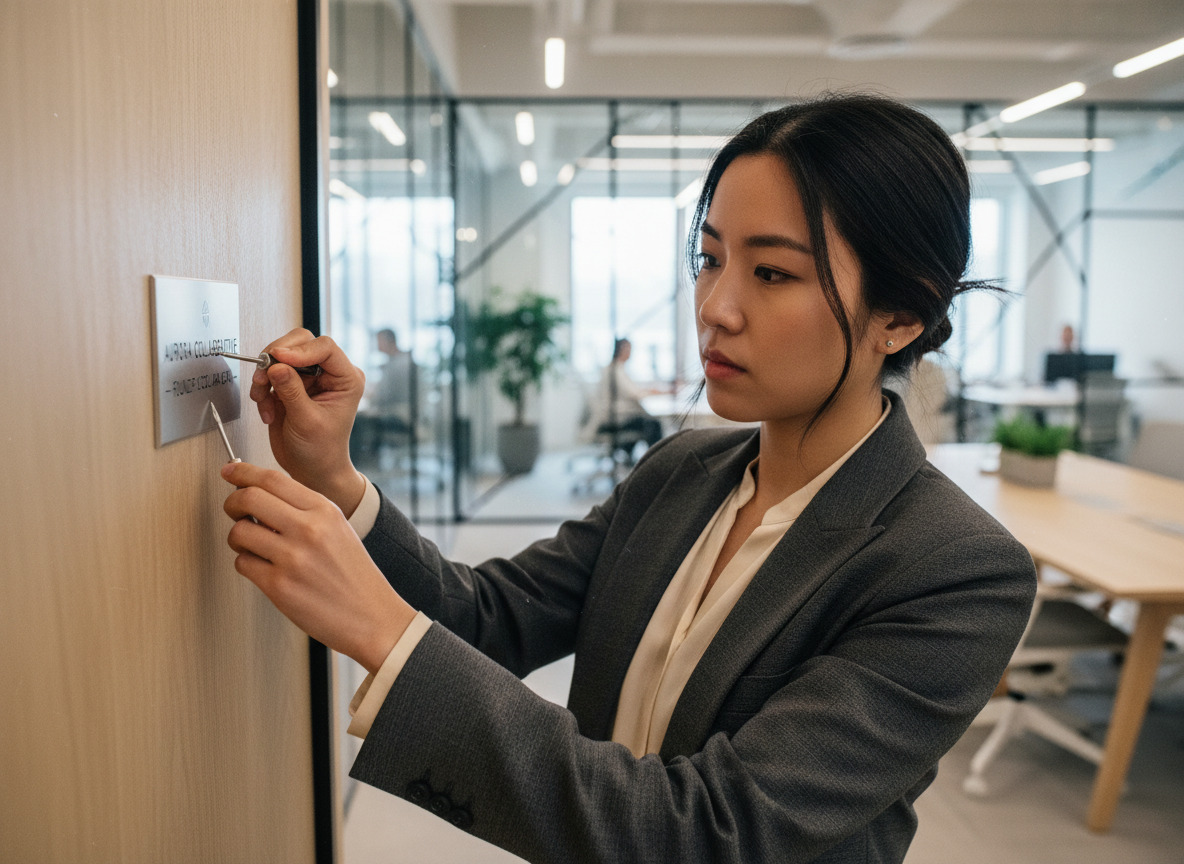 Jeune femme installant une plaque dans un espace de coworking