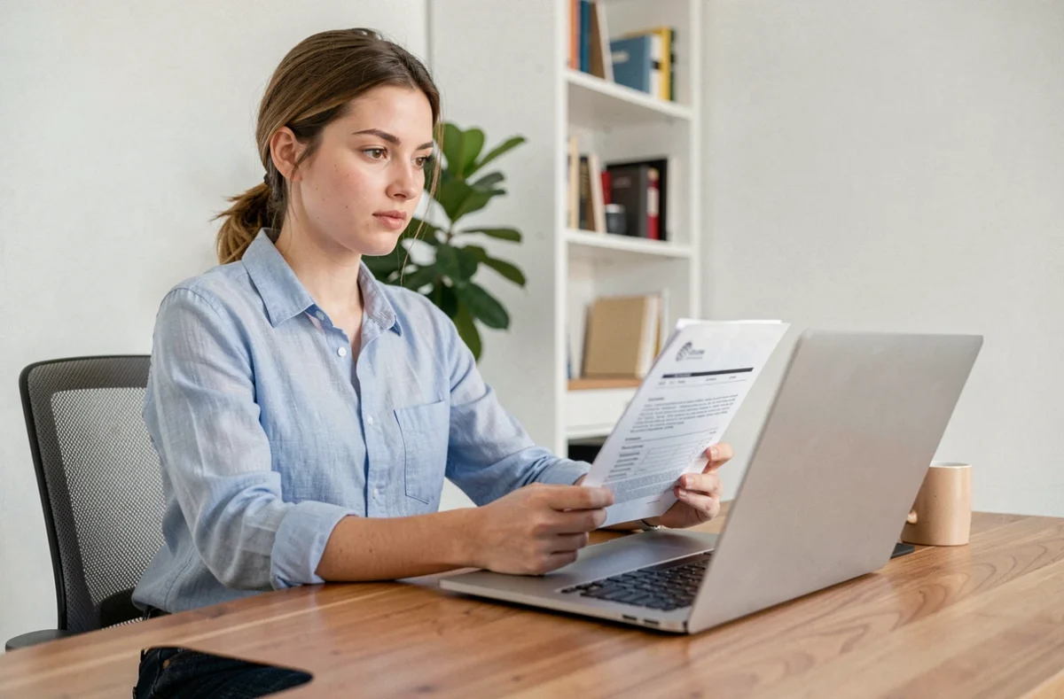 Jeune femme active consultant sa mutuelle santé sur un ordinateur portable dans un bureau moderne à domicile