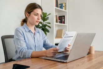 Jeune femme active consultant sa mutuelle santé sur un ordinateur portable dans un bureau moderne à domicile