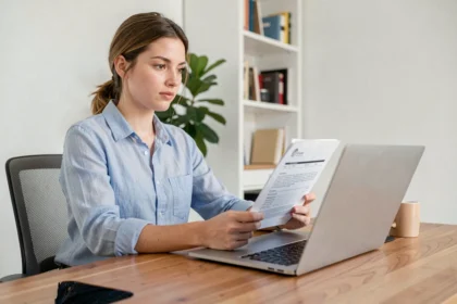 Jeune femme active consultant sa mutuelle santé sur un ordinateur portable dans un bureau moderne à domicile