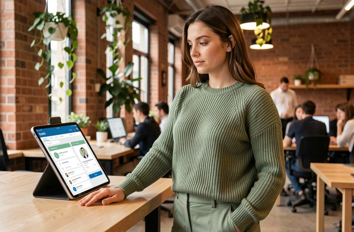 Jeune femme active comparant des offres de mutuelle santé sur une tablette dans un espace de co-working moderne