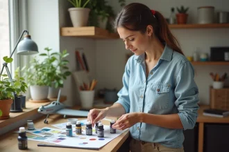 Jeune femme examine des bouteilles de peinture airbrush dans son atelier créatif