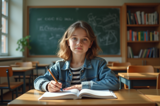 Jeune fille pensante en classe avec carnet et livres