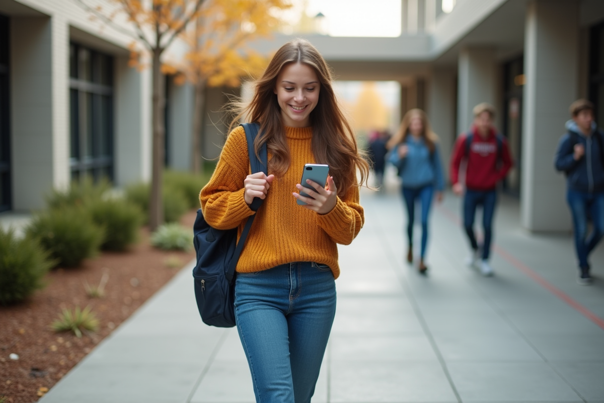 Fille souriante dehors avec un grade 14/20 sur son téléphone