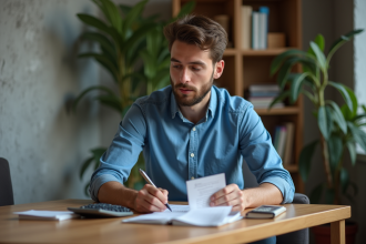 Jeune homme concentré à organiser ses finances à la maison