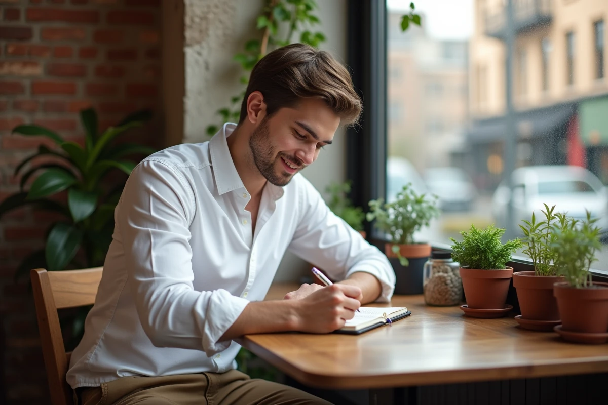 Jeune homme écrivant dans un café ensoleille