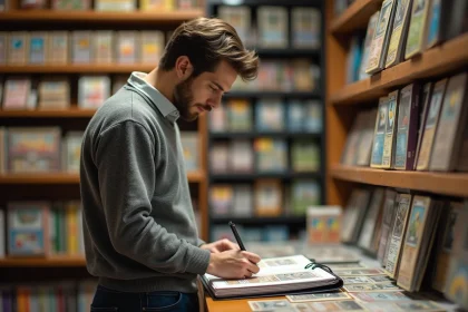 Jeune homme examine un classeur de cartes Pokémon dans une boutique